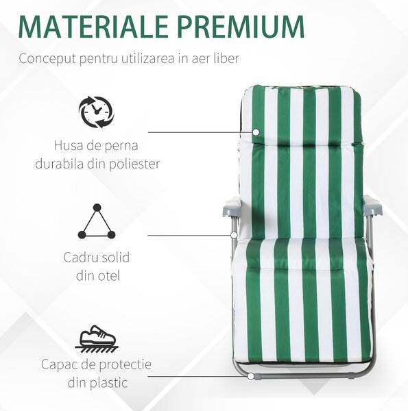 Outsunny Sezlong Gradina Pliabil ,Set 2 Scaune pentru Plajă cu Brațe Reclinabile, alb și verde | Aosom Romania