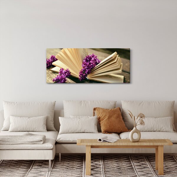 Tablou cu carte și floare violetă (120x50 cm)