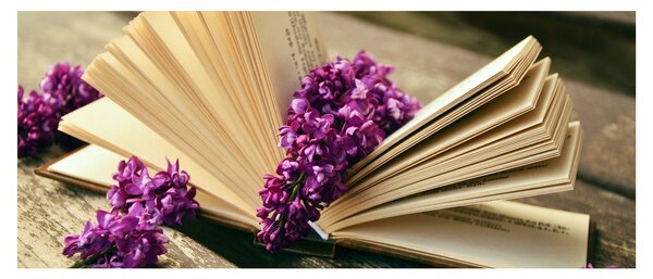 Tablou cu carte și floare violetă (120x50 cm)