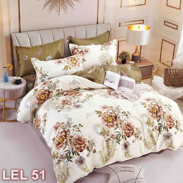 Lenjerie de pat, 2 persoane, finet, 6 piese, cu elastic, crem si maro, cu flori LEL51