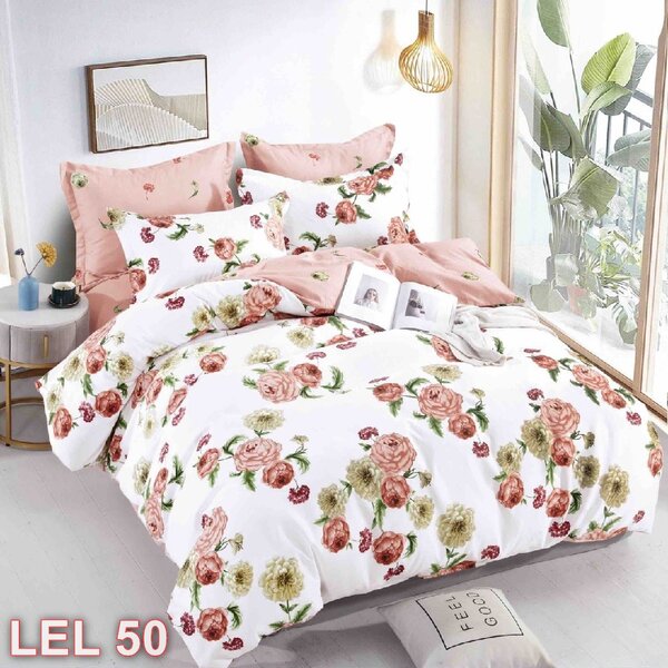 Lenjerie de pat, 2 persoane, finet, 6 piese, cu elastic, alb si bej, cu flori LEL50