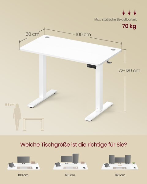 Birou reglabil pe inaltime, Balok, Vasagle, Alb, 100x60x120 cm