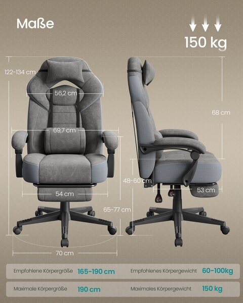 Scaun gaming, Cathy, Songmics, Gri, 69.7x72.4x133 cm