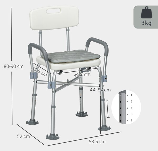HOMCOM Scaun de Baie din Aluminiu Reglabil, cu Spătar și Brațe, Pernă Moale, Antialunecare, Alb | Aosom Romania