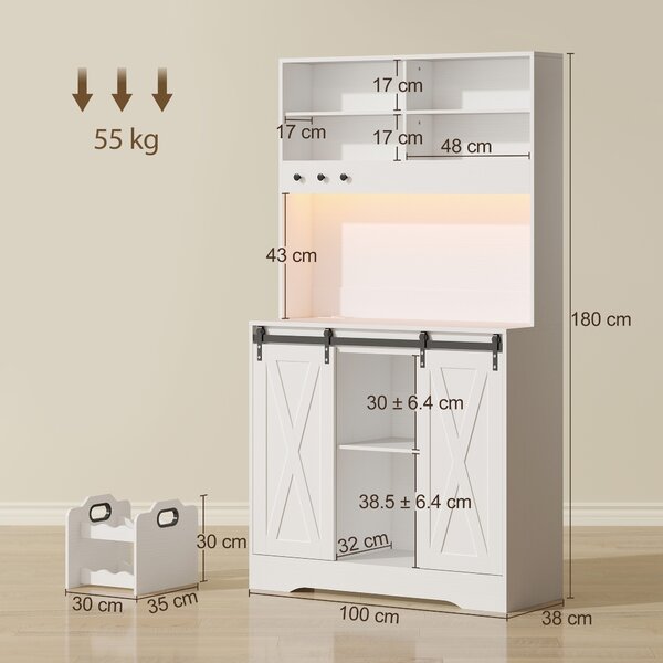 HOMCOM Servantă de Bucătărie Rustică 180 cm, Dulap cu Priză de Alimentare, Lumini LED, Suport pentru Sticle, Suprafață pentru Cuptor cu Microunde, Rafturi Deschise, Uși Glisante, Orificiu pentru Cabluri, Alb | Aosom Romania