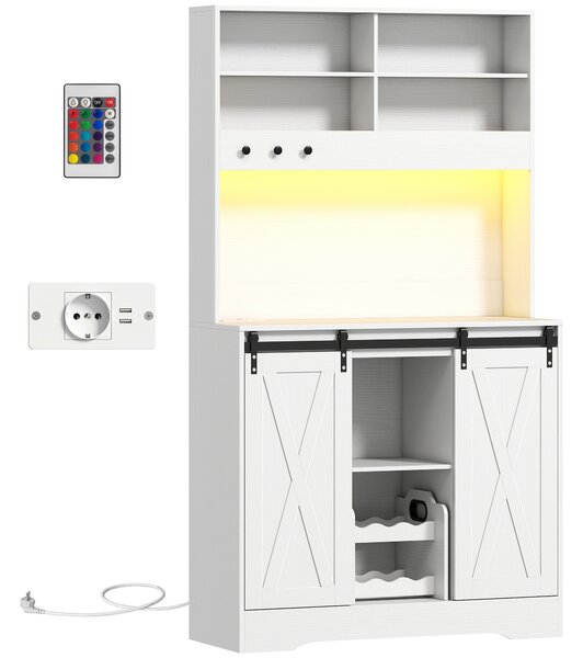 HOMCOM Servantă de Bucătărie Rustică 180 cm, Dulap cu Priză de Alimentare, Lumini LED, Suport pentru Sticle, Suprafață pentru Cuptor cu Microunde, Rafturi Deschise, Uși Glisante, Orificiu pentru Cabluri, Alb | Aosom Romania