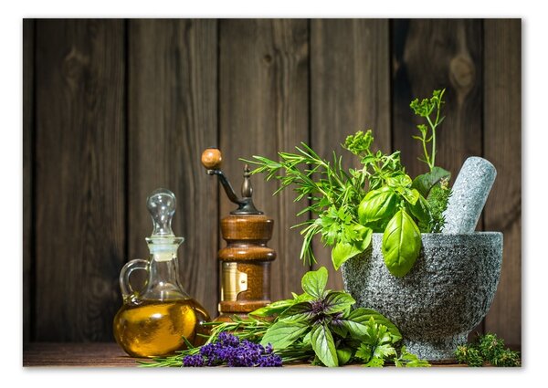 Tablou sticlă Ierburi într-un mojar