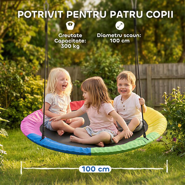 AIYAPLAY Leagăn Tip Cuib pentru Copii Ø100 cm, Leagăn de Copac cu Corzi Reglabile și Curele, Joc de Exterior pentru Copii 3-8 Ani, Capacitate 300 kg, Multicolor | Aosom Romania