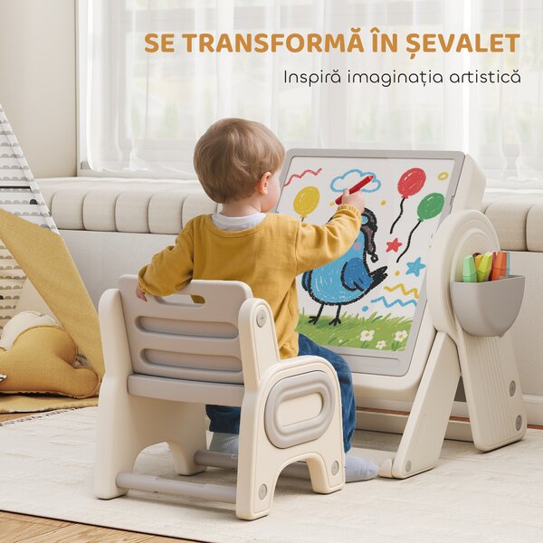 AIYAPLAY Set Masă și Scaun pentru Copii 3 în 1 cu Masă de Construcție, Tablă, Suport Convertibil și Containere, Masă Multiactivitate cu Scaun de Plastic pentru Copii 2-4 Ani pentru Cameră Copii | Aosom Romania