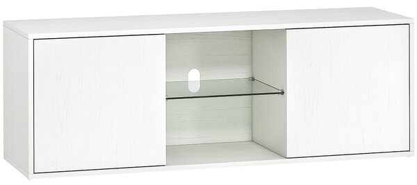 HOMCOM Mobilier Porta TV până la 55", Mobilier TV Suspendat sau pe Podea de 120 cm cu Uși Soft Close, Orificiu pentru Cabluri și Raft din Sticlă, pentru Sufragerie și Salon, Alb Efect Lemn | Aosom Romania