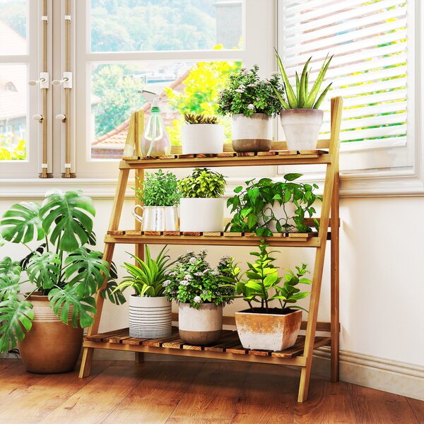 Outsunny Suport pentru Plante Pliabil, Jardinieră cu 3 Niveluri, Raft de Exterior pentru Plante, 80x37x93 cm, Lemn Natural | Aosom Romania