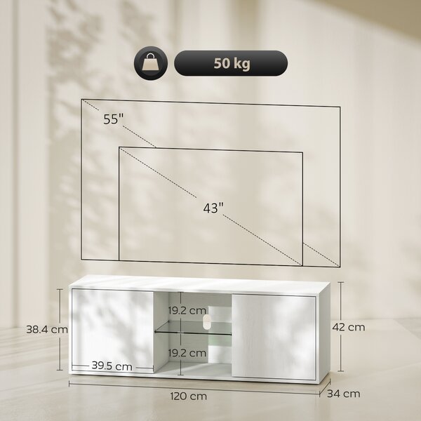 HOMCOM Mobilier Porta TV până la 55", Mobilier TV Suspendat sau pe Podea de 120 cm cu Uși Soft Close, Orificiu pentru Cabluri și Raft din Sticlă, pentru Sufragerie și Salon, Alb Efect Lemn | Aosom Romania