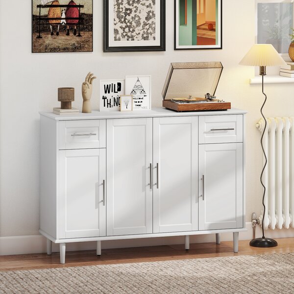 HOMCOM Mobilier de Sufragerie, Credență cu 2 Sertare și 3 Dulapuri cu Rafturi Reglabile, Comodă cu Picioare din Pin pentru Sala de Mese și Bucătărie, 120x38x86 cm, Alb | Aosom Romania