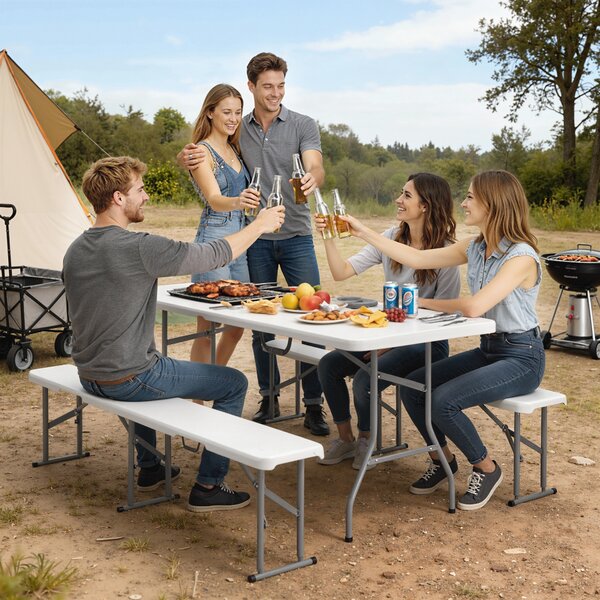 Outsunny Set Masă de Camping Pliabilă cu 2 Scaune, 180x74x74 cm, Alb | Aosom Romania
