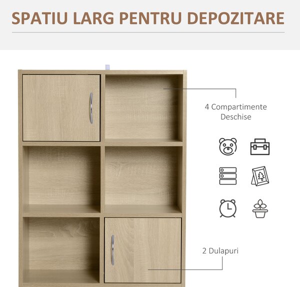Biblioteca HOMCOM cu 3 Rafturi , 4 Compartimente si 2 Usi Basculante din Lemn Natural 61.5x29.5x80cm | Aosom Romania