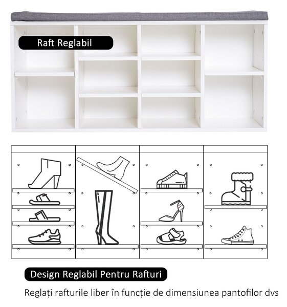 HOMCOM Bancheta Pantofar cu Rafturi Reglabile, Mobilier Hol din Lemn, Alb și Gri, 104x30x48cm | Aosom Romania
