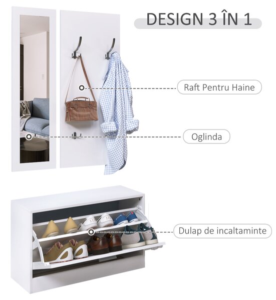 HOMCOM Set 3 Piese Suport pantofi Suport haine Oglinda pentru Hol sau Dormitor, din Lemn, 80x27x46,5cm, Alb | Aosom Romania