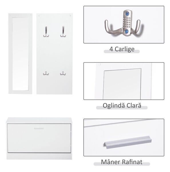 HOMCOM Set 3 Piese Suport pantofi Suport haine Oglinda pentru Hol sau Dormitor, din Lemn, 80x27x46,5cm, Alb | Aosom Romania