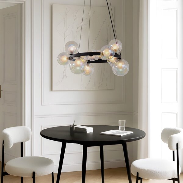Lucande Lampa suspendată Marvi, Ø 68 cm, negru, sticlă, metal, reglabil, Negru, Camera de zi / sufragerie, Sticlă, Modern