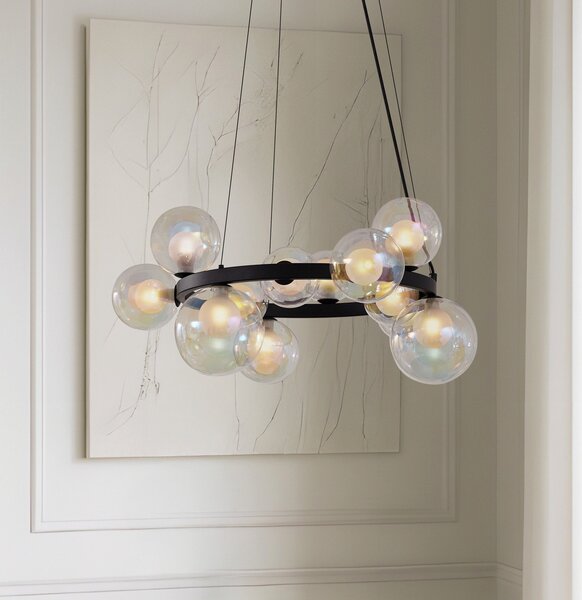 Lucande Lampa suspendată Marvi, Ø 68 cm, negru, sticlă, metal, reglabil, Negru, Camera de zi / sufragerie, Sticlă, Modern