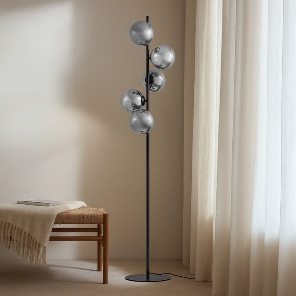 Lindby lampadar Orbelia, negru, 5 becuri, sticlă, Negru, Camera de zi / sufragerie, Sticlă, Modern