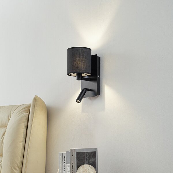 Lindby Aplică de perete Aiden, 30cm, negru, LED-lumină citit, E14, reglabil, Negru, Camera de zi / sufragerie, Țesătură / Textil, Modern