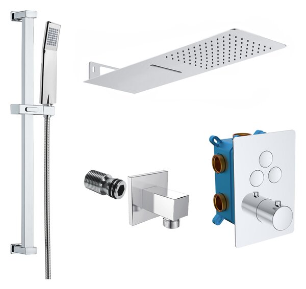Mereo Mereo, Set de duș cu robinet termostatic cu buton ascuns - 3 căi - capac pătrat, MER-CB60157TC1N