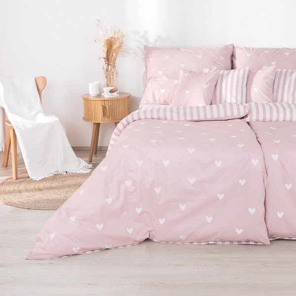 Goldea lenjerie de pat din 100% bumbac - inimioare pe roz pudră cu dungi 200 x 200 și 2buc 70 x 90 cm