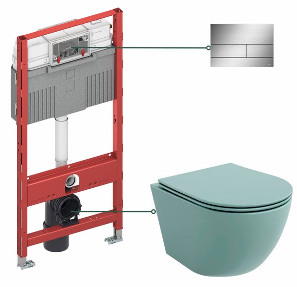 Set vas wc rimless suspendat cu capac softclose verde turcoaz mat, Foglia Oslo, rezervor incastrat TECEprofil si clapeta de actionare otel periat