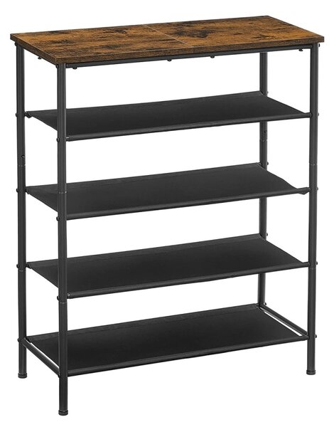 Pantofar cu 4 rafturi și blat superior, stil industrial, Maro Rustic/Negru, 75 × 30 × 91 cm