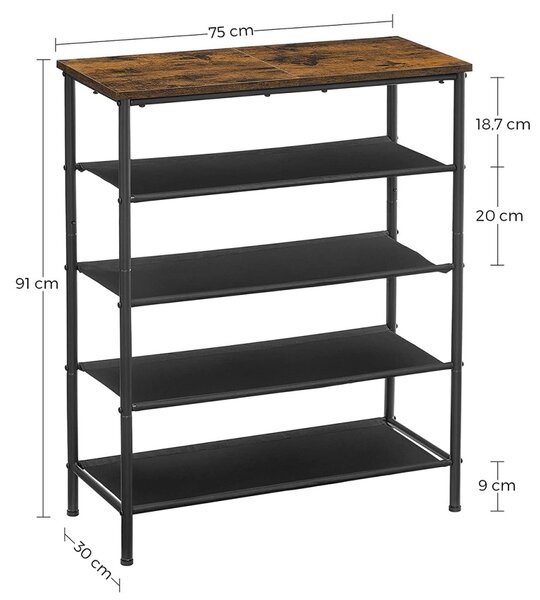 Pantofar cu 4 rafturi și blat superior, stil industrial, Maro Rustic/Negru, 75 × 30 × 91 cm
