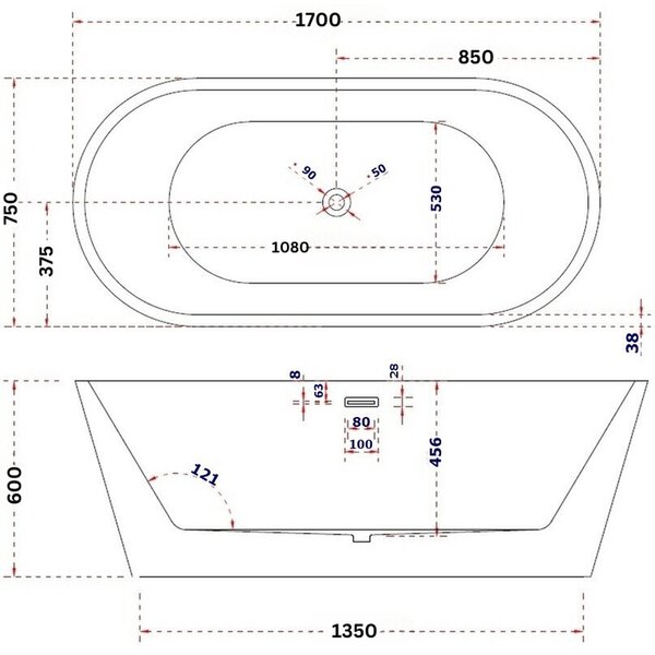 Cada baie freestanding 170 x 75 cm, ovala cu preaplin Ovale Foglia 1700x750 mm
