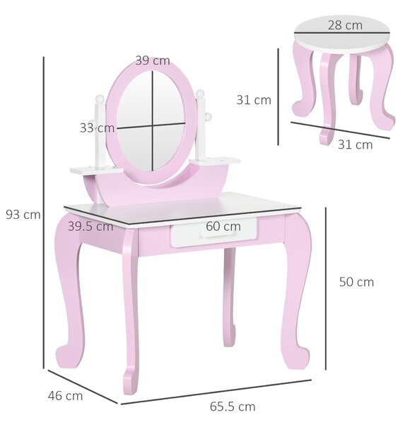 ZONEKIZ Set de Toaletă Machiaj, Măsuță de Machiaj cu Oglinzi și Taburet pentru Copii, Vârsta 3-6 Ani, 65,5x46x93 cm, Roz | Aosom Romania