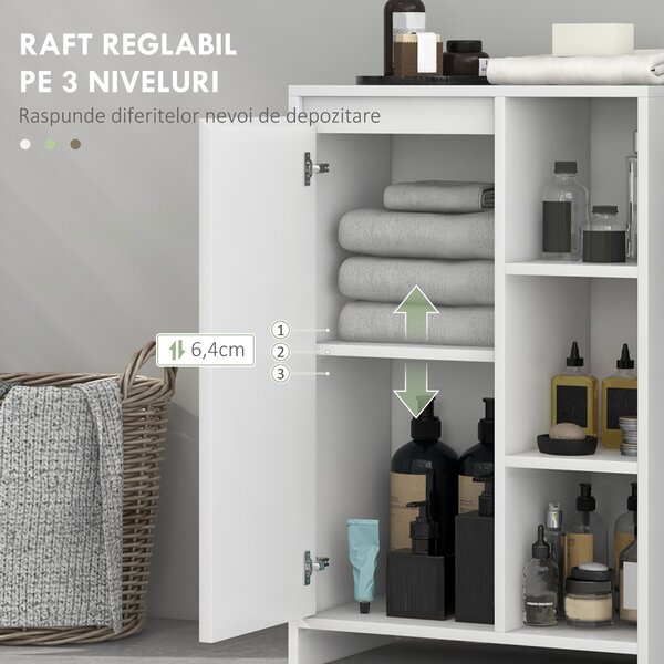 HOMCOM Dulăpior de Baie cu 3 Rafturi Deschise, un Dulăpior cu o Ușă și Raft Interior Reglabil, 53x30x80 cm, Alb | Aosom Romania