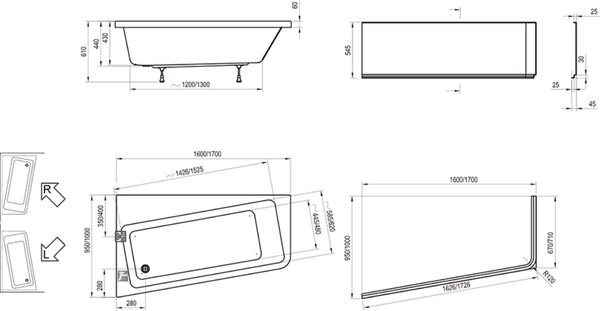 Ravak 10° cadă de colț 160x95 cm partea dreaptă alb C841000000