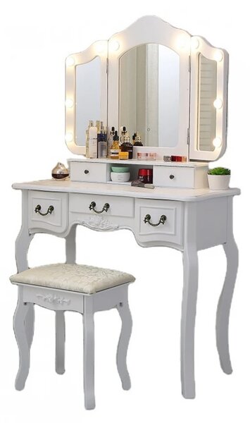 Set ELISABETA, Masă de toaletă cu 3 oglinzi, iluminare LED, control touch, 5 sertare, scaun, Alb