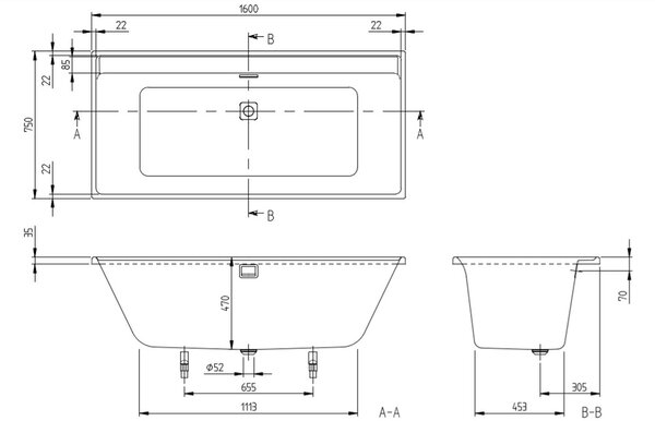 Villeroy & Boch Collaro cada dreptunghiulară 160x70 cm alb UBA160COR2PV-01