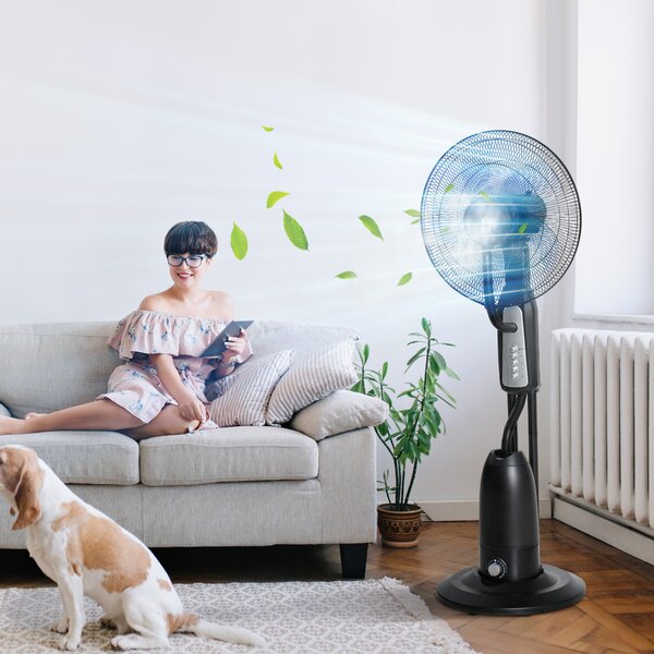 HOMCOM Ventilator Nebulizator cu 4 Roți, cu Rezervor 2.8L și 4 Viteze, Ventilator de Podea Metalic, PE și ABS, 44.5x44.5x120 cm, Negru