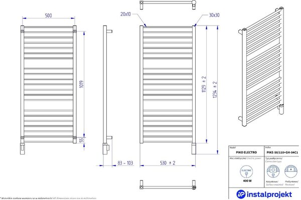 Instal Projekt Piko Electro încălzitor electric 112.9x53 cm alb PIKE-50/110+GH-04C1