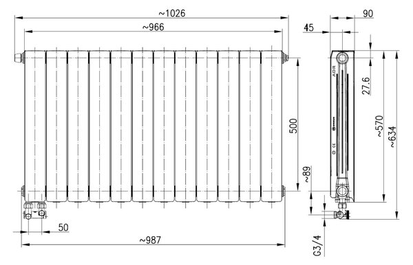 KFA Armatura ADR calorifer de cameră 57x96.6 cm podłączenie inferior alb 763-123-44
