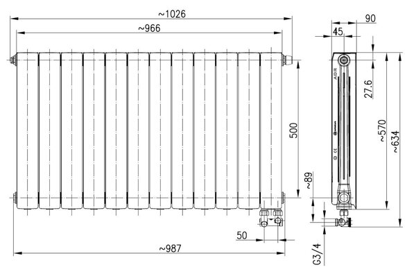 KFA Armatura ADR calorifer de cameră 57x96.6 cm podłączenie inferior alb 763-123-44