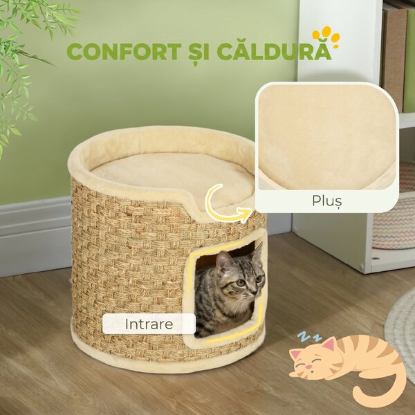 PawHut Ansamblu de Zgâriat pentru Pisici, 37 cm, 2 Niveluri, cu Ascunzătoare și Sfoară din Sisal, până la 5 kg, Kaki | Aosom Romania