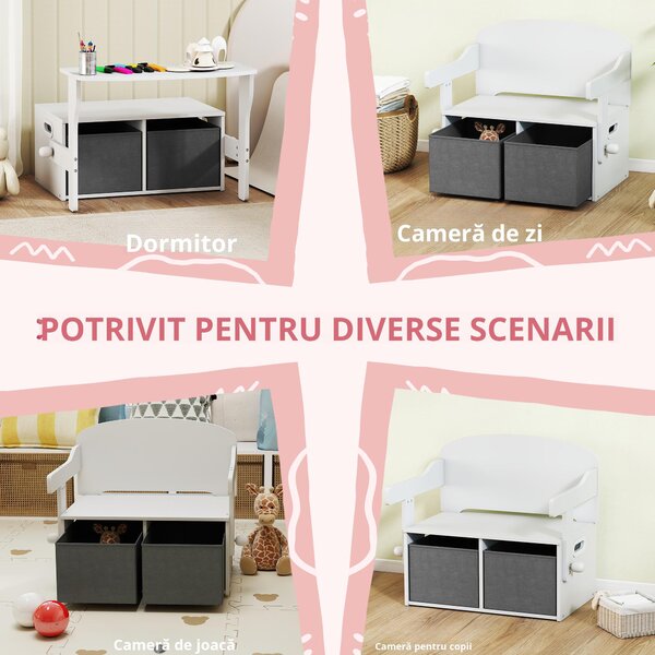 AIYAPLAY Cufăr de jucării pentru copii 3 în 1, set masă și scaune cu 2 coșuri textile detașabile, 67,5 x 46,5 x 56,7 cm, alb | Aosom Romania