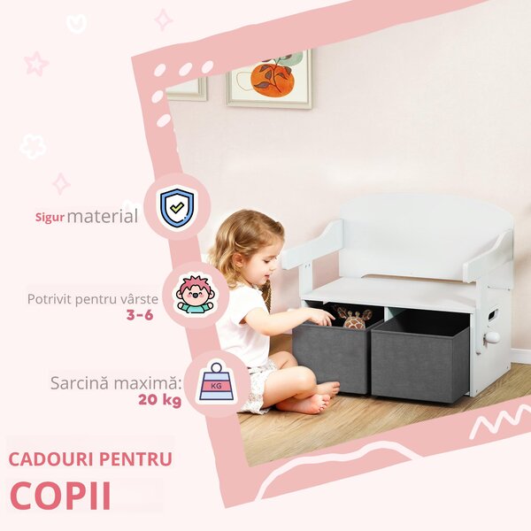 AIYAPLAY Cufăr de jucării pentru copii 3 în 1, set masă și scaune cu 2 coșuri textile detașabile, 67,5 x 46,5 x 56,7 cm, alb | Aosom Romania