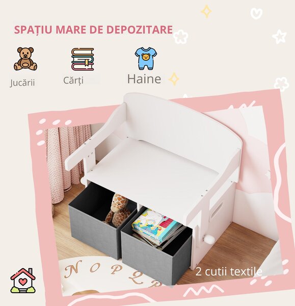 AIYAPLAY Cufăr de jucării pentru copii 3 în 1, set masă și scaune cu 2 coșuri textile detașabile, 67,5 x 46,5 x 56,7 cm, alb | Aosom Romania