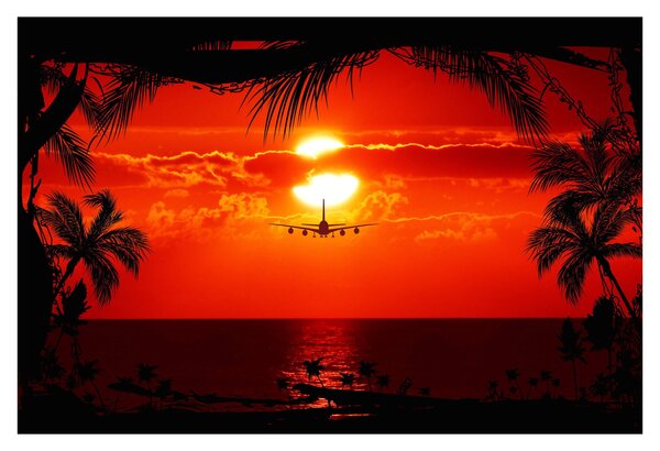 Tablou - apus de soare cu avion (90x60 cm)