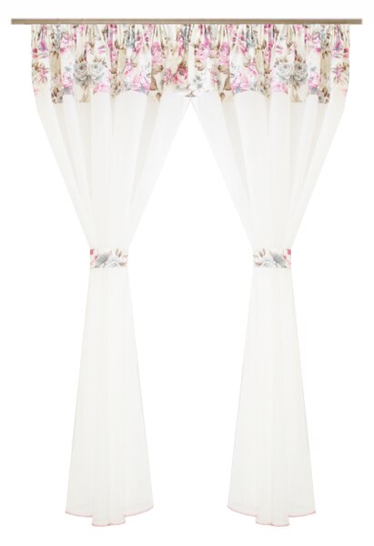 Perdea Velaria in ivoire si flori roz si gri, 300x165 cm