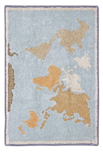 Covor de joacă pentru copii albastru-bej, lavabil, țesut manual din bumbac 70x100 cm Mini Worldmap – Lorena Canals