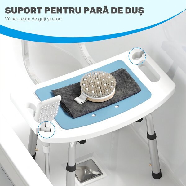 HOMCOM Scaun de Duș din Aluminiu și EVA, Reglabil pe 6 Niveluri, cu Spătar Curbat, 51,5x49,5x68,5-81 cm, Albastru Deschis și Alb | Aosom Romania