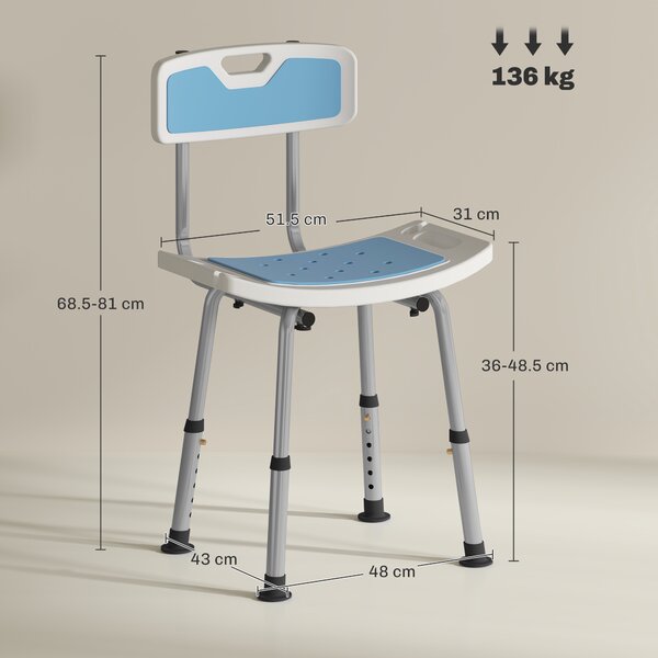 HOMCOM Scaun de Duș din Aluminiu și EVA, Reglabil pe 6 Niveluri, cu Spătar Curbat, 51,5x49,5x68,5-81 cm, Albastru Deschis și Alb | Aosom Romania